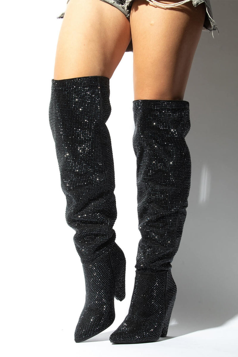 Diamante Crystal-Embellished Point Toe Over The Knee Block Heeled Boots - Black