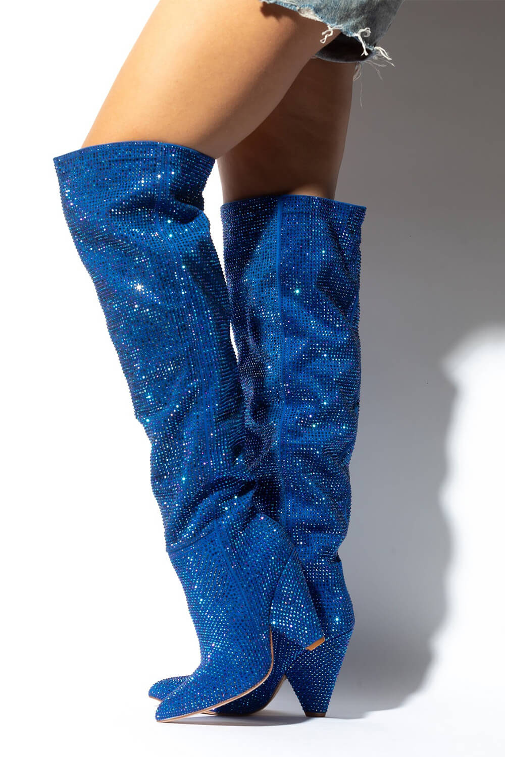 Diamante Crystal-Embellished Point Toe Over The Knee Block Heeled Boots - Blue