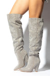 Diamante Crystal-Embellished Point Toe Over The Knee Block Heeled Boots - Silver