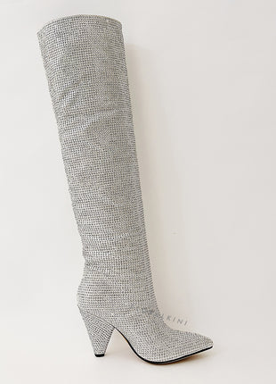 Diamante Crystal-Embellished Point Toe Knee High Block Heeled Slouch Boots - Silver