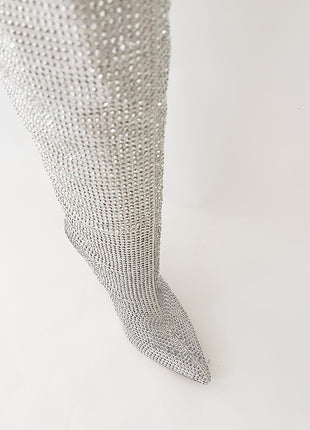 Diamante Crystal-Embellished Point Toe Knee High Block Heeled Slouch Boots - Silver