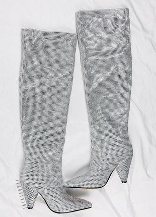 Diamante Crystal-Embellished Point Toe Knee High Block Heeled Slouch Boots - Silver