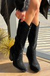 Rhinestones Embellished Western Cowboy Mid-Calf Pointed Toe Block Heeled Boots - Black