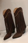 Faux Suede Pointed Toe Fringe Western Cowboy Mid-Calf Block Heeled Boots - Brown