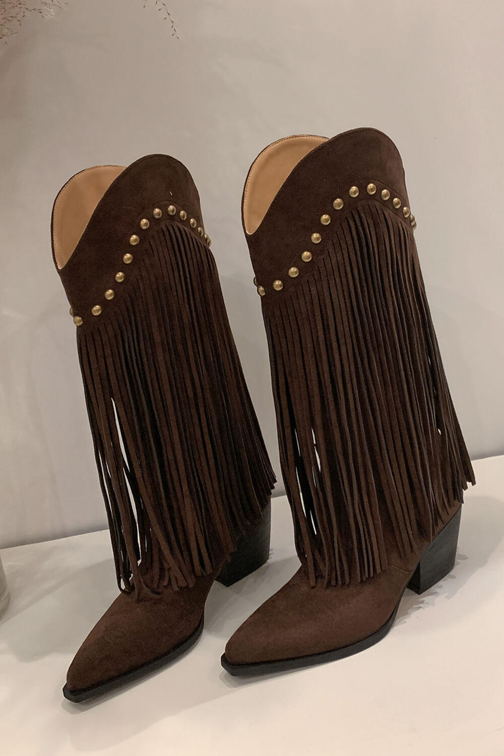 Faux Suede Pointed Toe Fringe Western Cowboy Mid-Calf Block Heeled Boots - Brown