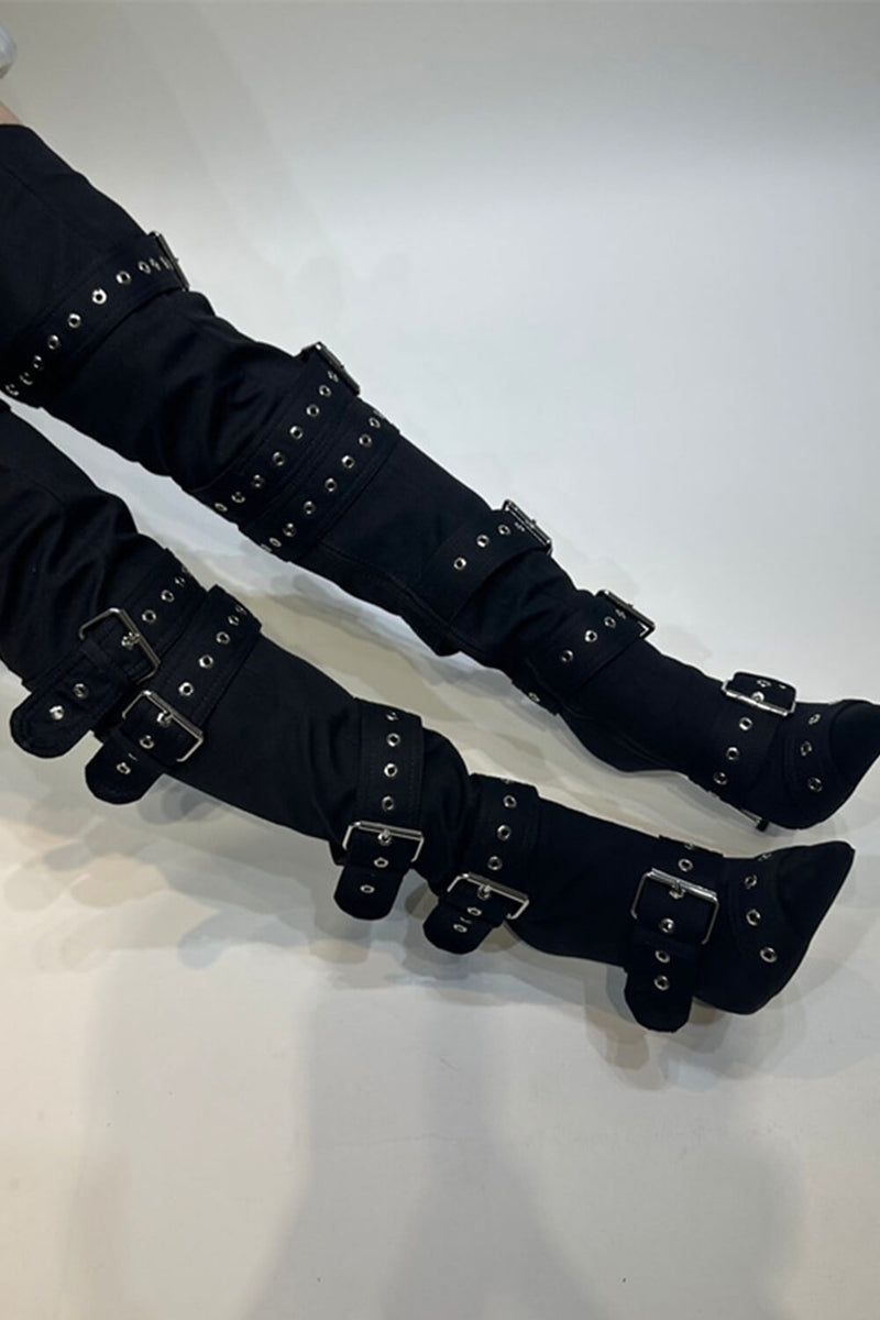 Multi Buckle Pointed Toe Thigh High Stiletto Heel Boots - Black