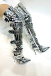 Multi Buckle Pointed Toe Thigh High Stiletto Heel Boots - Silver