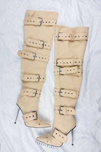 Multi Buckle Pointed Toe Thigh High Stiletto Heel Boots - Khaki