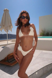 Rosette Triangle Halter High-Cut Bikini Set - White
