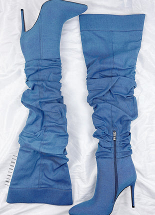 Denim Ruched Over-The-Knee Pointed Toe Stiletto Boots