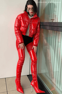 Patent Pointed Toe Thigh High Stiletto Boots - Red