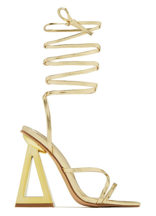 Lace Up Square Toe Gold-Tone Block High Heels - Gold