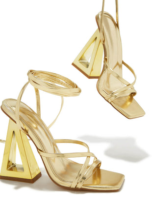 Lace Up Square Toe Gold-Tone Block High Heels - Gold