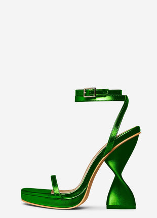 Metallic Faux Leather Open Toe Platform Twisted Statement Heels - Green