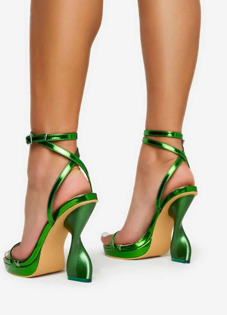 Metallic Faux Leather Open Toe Platform Twisted Statement Heels - Green