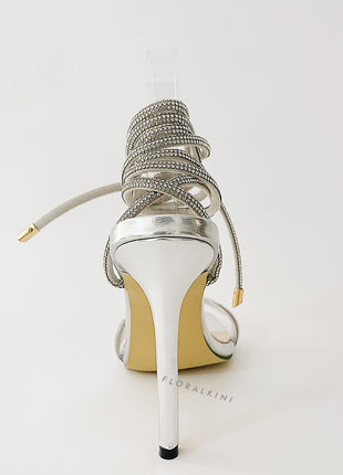 Diamante Embellished Lace Up Square Toe High Heels - Silver