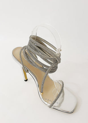 Diamante Embellished Lace Up Square Toe High Heels - Silver