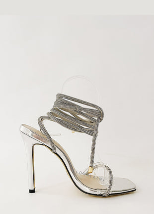 Diamante Embellished Lace Up Square Toe High Heels - Silver