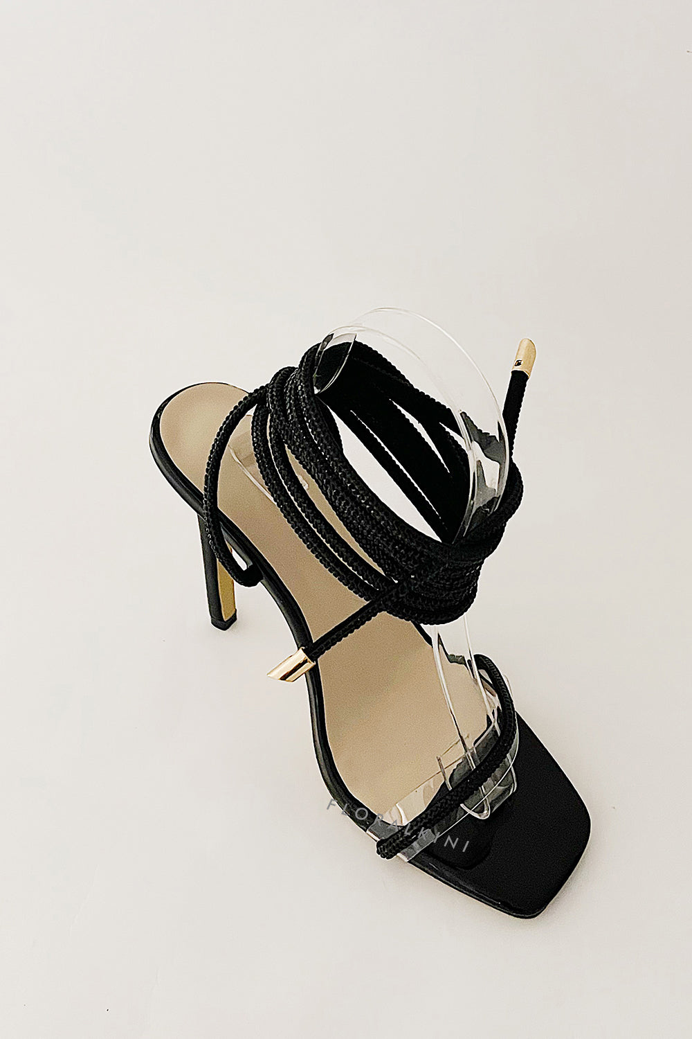 Diamante Embellished Lace Up Square Toe High Heels - Black