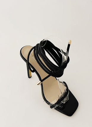 Diamante Embellished Lace Up Square Toe High Heels - Black