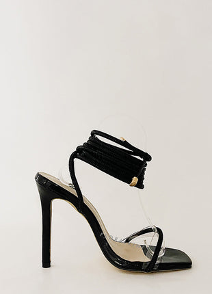 Diamante Embellished Lace Up Square Toe High Heels - Black