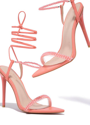 Pearl Strap Lace Up Pointed Toe High Stiletto Heels - Coral