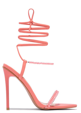 Pearl Strap Lace Up Pointed Toe High Stiletto Heels - Coral