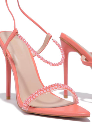 Pearl Strap Lace Up Pointed Toe High Stiletto Heels - Coral