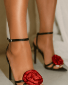 Rose Embellished Pointed Toe High Stiletto Heels - Black Red