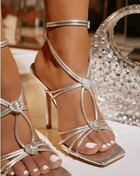 Heart Embellished Strappy Square Toe High Stiletto Heels - Silver