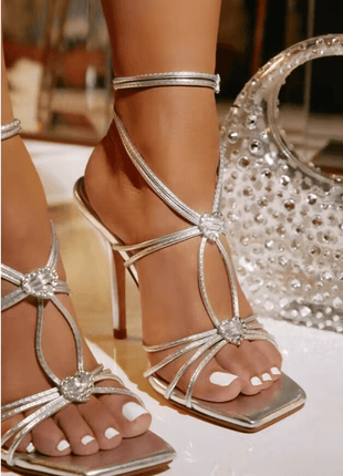 Heart Embellished Strappy Square Toe High Stiletto Heels - Silver