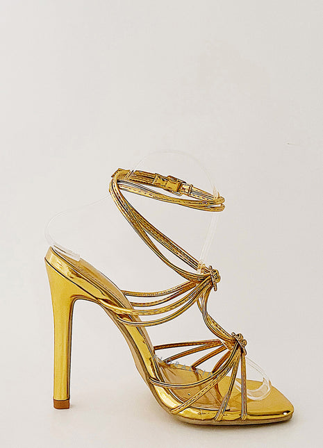 Heart Embellished Strappy Square Toe High Stiletto Heels - Gold