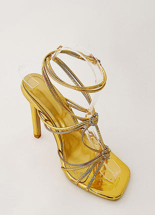 Heart Embellished Strappy Square Toe High Stiletto Heels - Gold