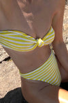 Yellow & White Sriped Crinkle Knot Bandeau High Leg Bikini Set
