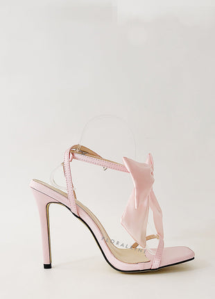 Bow Embellished Faux Leather Open Square Toe Stiletto Heels - Pink