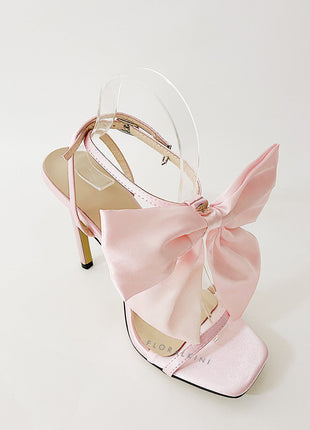 Bow Embellished Faux Leather Open Square Toe Stiletto Heels - Pink