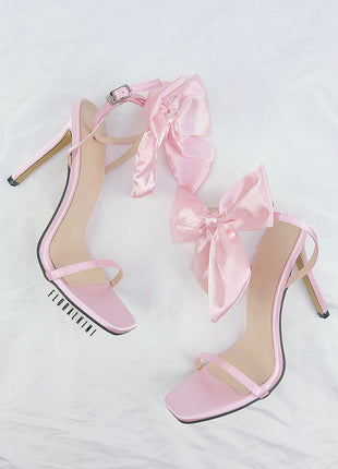 Bow Embellished Faux Leather Open Square Toe Stiletto Heels - Pink