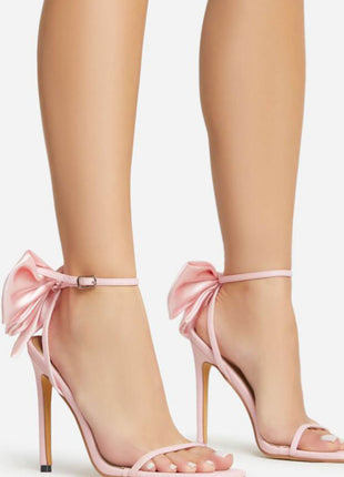 Bow Embellished Faux Leather Open Square Toe Stiletto Heels - Pink