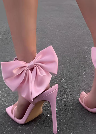 Bow Embellished Faux Leather Open Square Toe Stiletto Heels - Pink