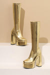 Metallic Faux Leather Platform Block Heel Knee High Boots - Gold