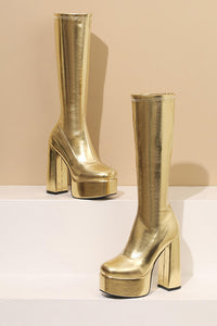 Metallic Faux Leather Platform Block Heel Knee High Boots - Gold