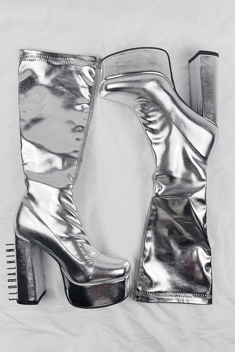 Metallic Faux Leather Platform Block Heel Knee High Boots - Silver
