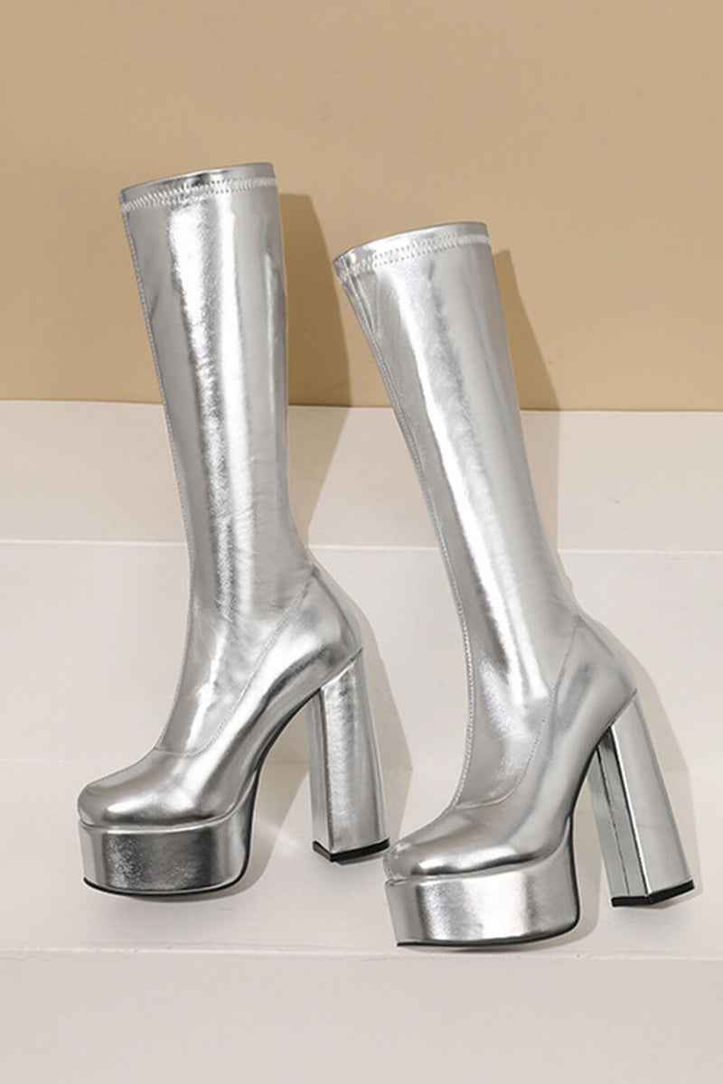 Metallic Faux Leather Platform Block Heel Knee High Boots - Silver