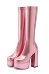 Metallic Faux Leather Platform Block Heel Knee High Boots - Pink