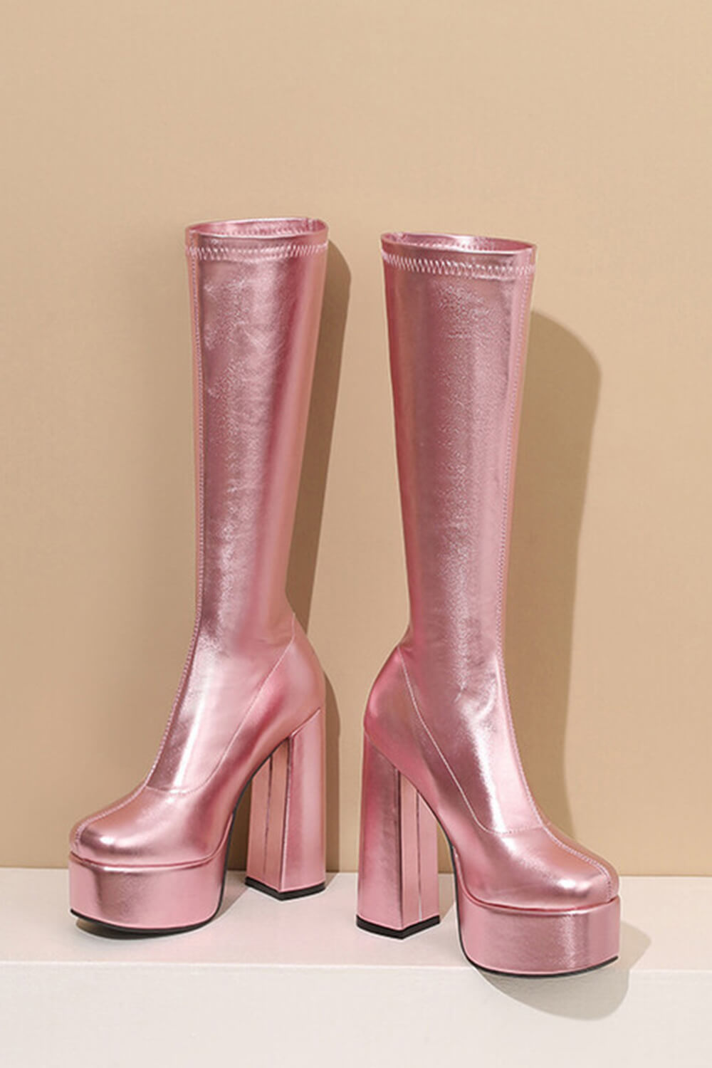 Metallic Faux Leather Platform Block Heel Knee High Boots - Pink