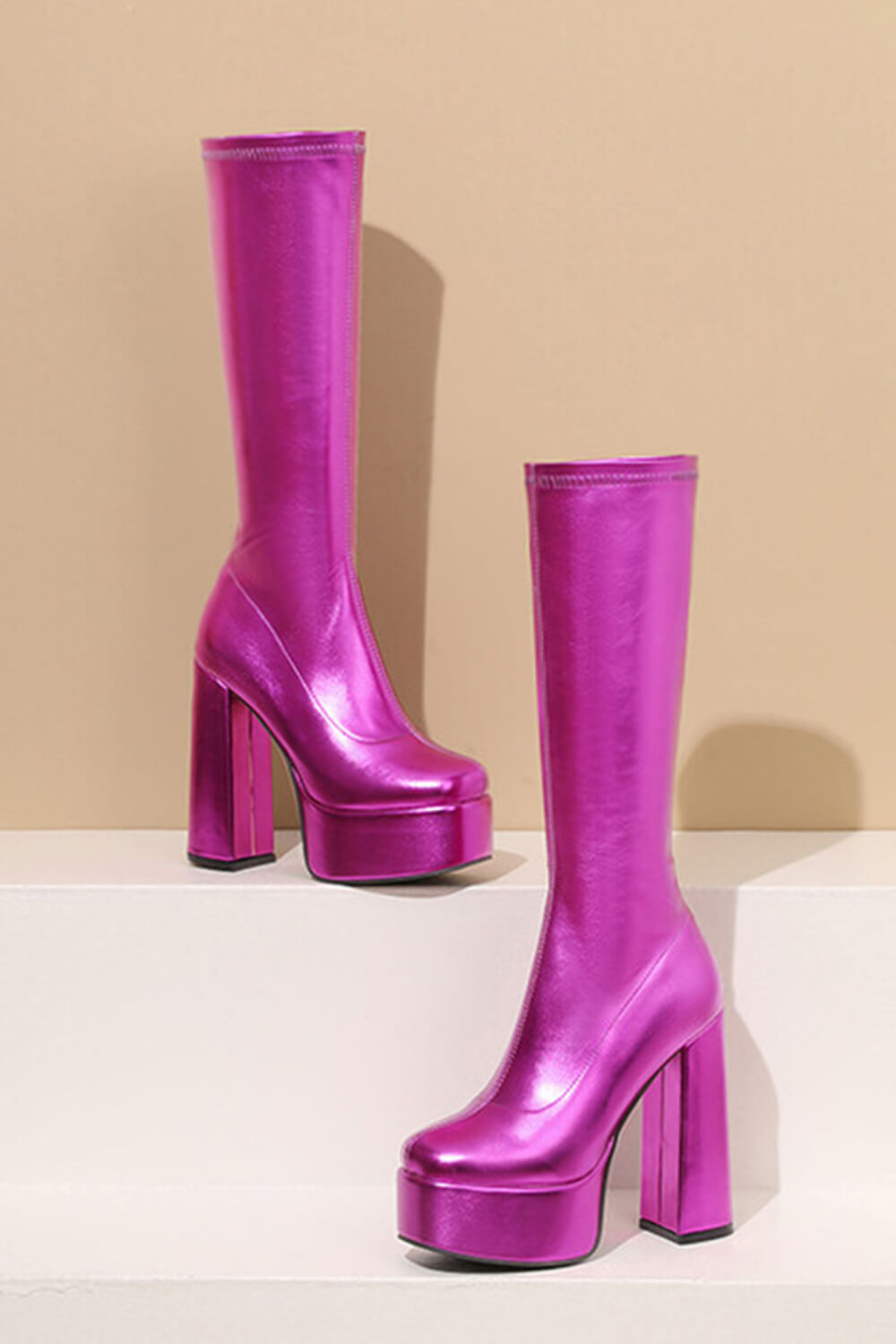 Metallic Faux Leather Platform Block Heel Knee High Boots - Hot Pink