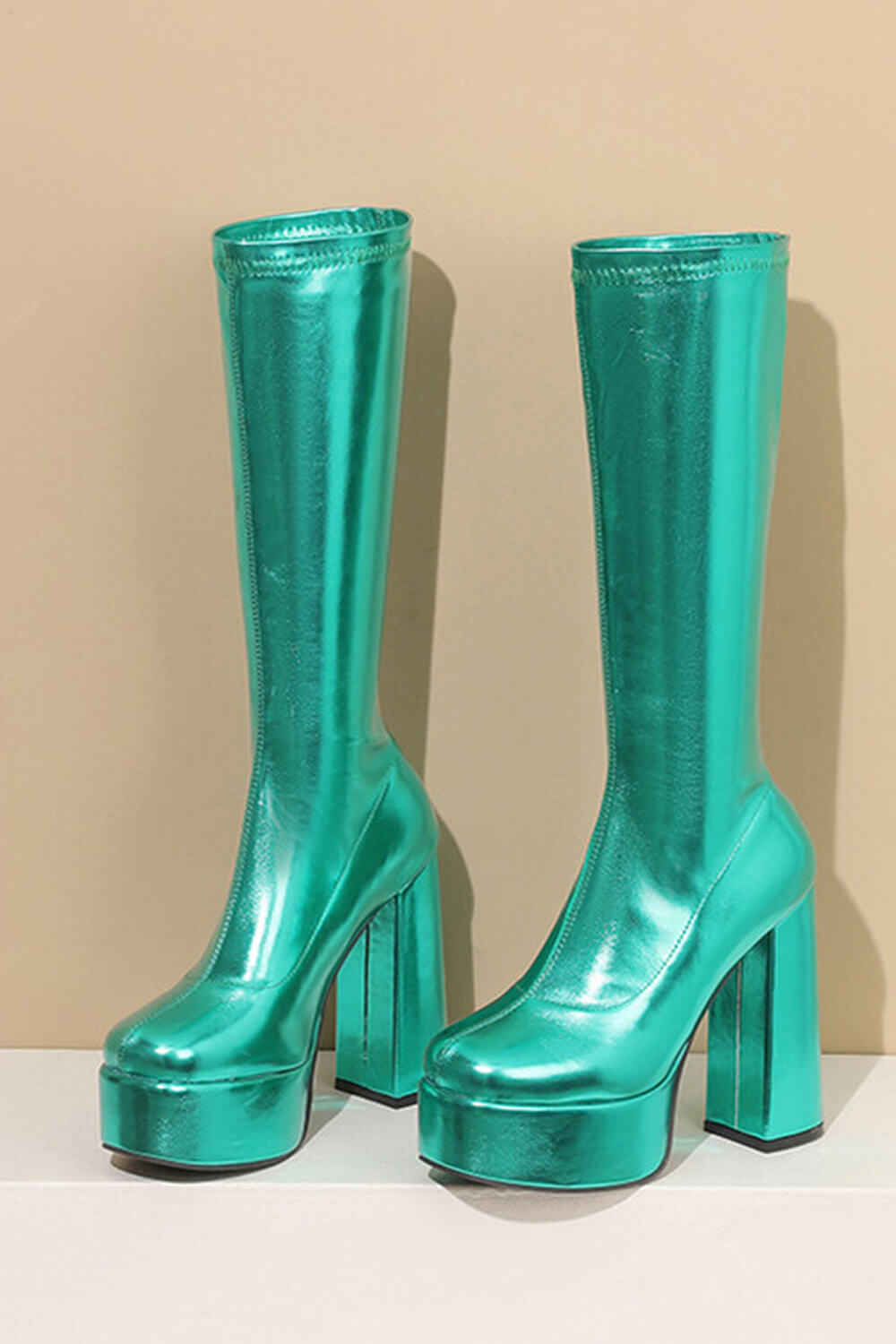 Metallic Faux Leather Platform Block Heel Knee High Boots - Green