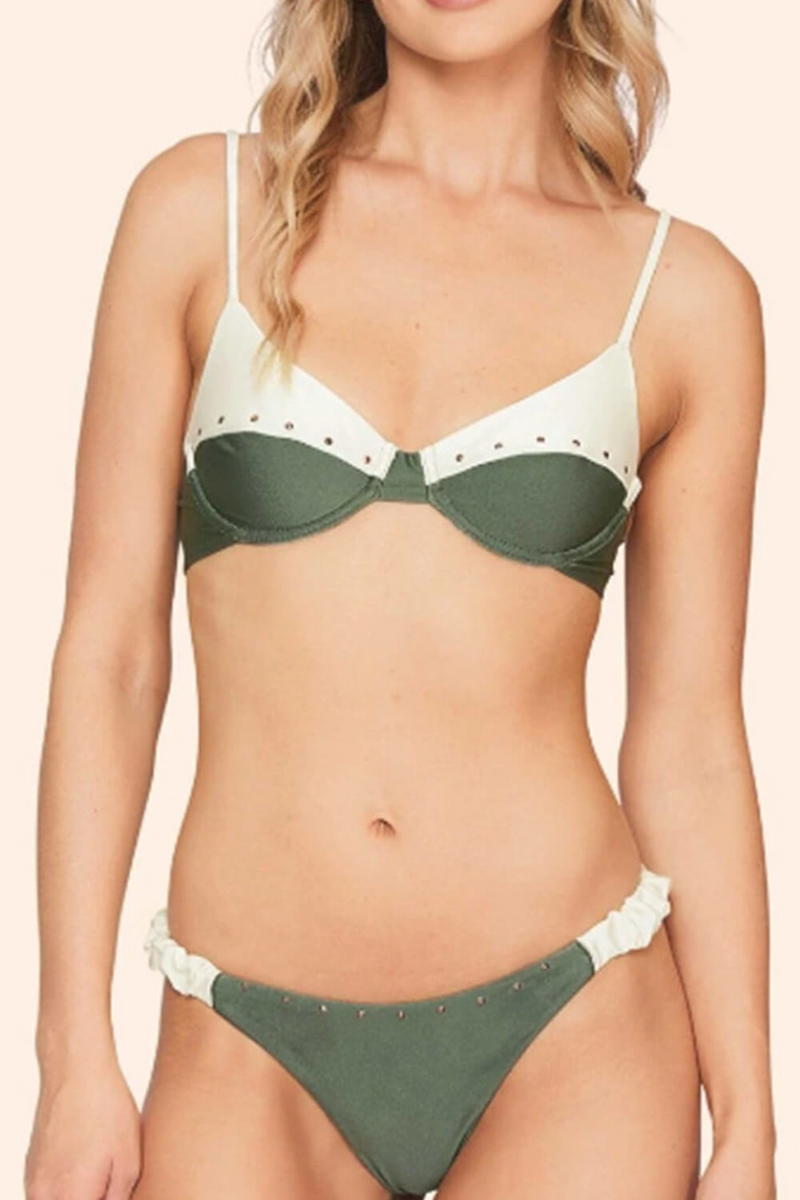 Green White Color Block Underwire Ruched High-Cut Bikini Set