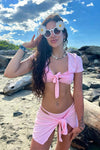 Triangle Halter Bikini Set With Short-Sleeve Tie Front Crop Top Mini Sarong Skirt - Pink