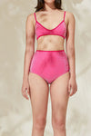 Glitter Color Block High Waisted Bikini Set - Hot Pink